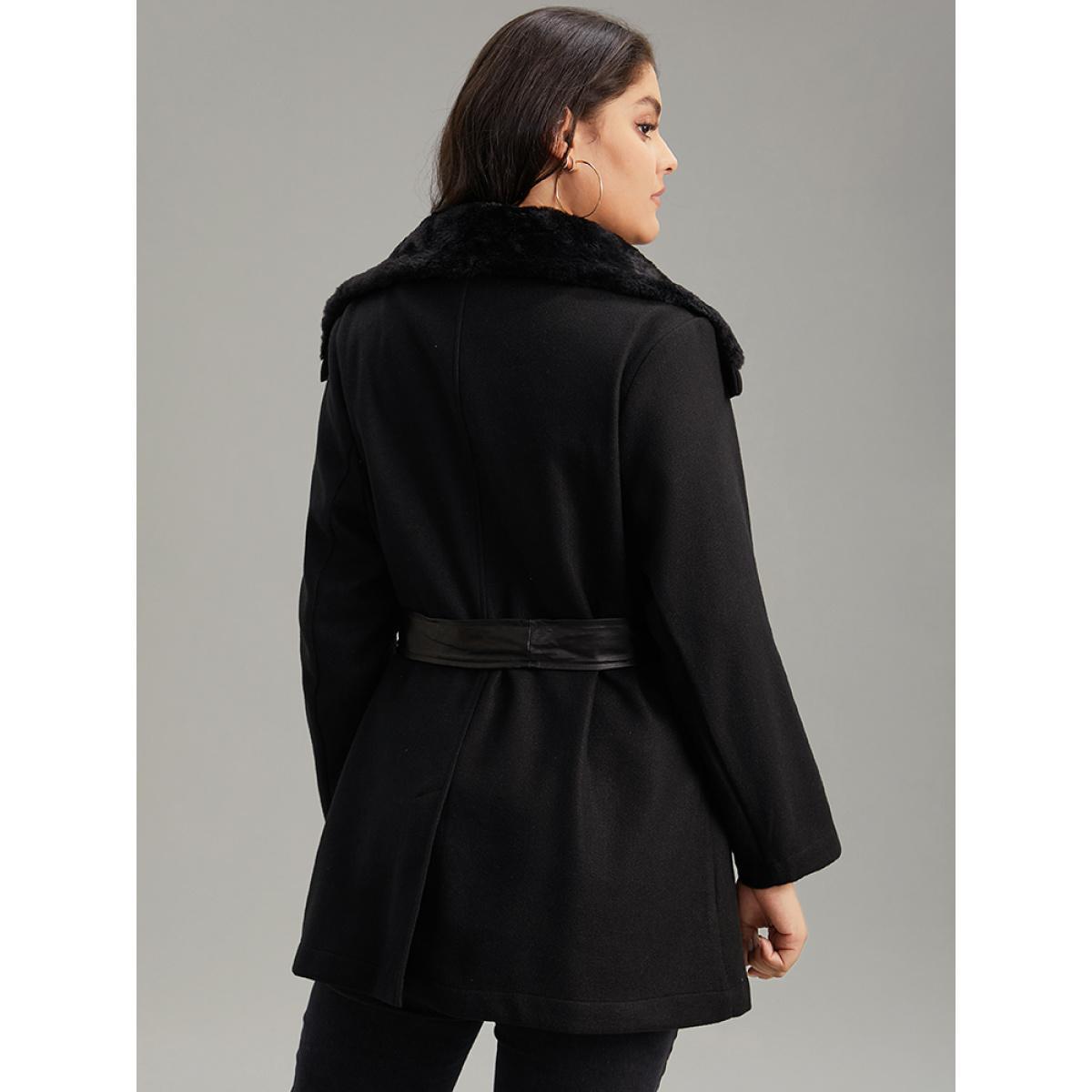 Plus Size Solid Zipper Belted PU Leather Knot Fuzzy Trim Coat Women Black Casual Plain Ladies Dailywear Winter Coats BloomChic 12/L Product Image