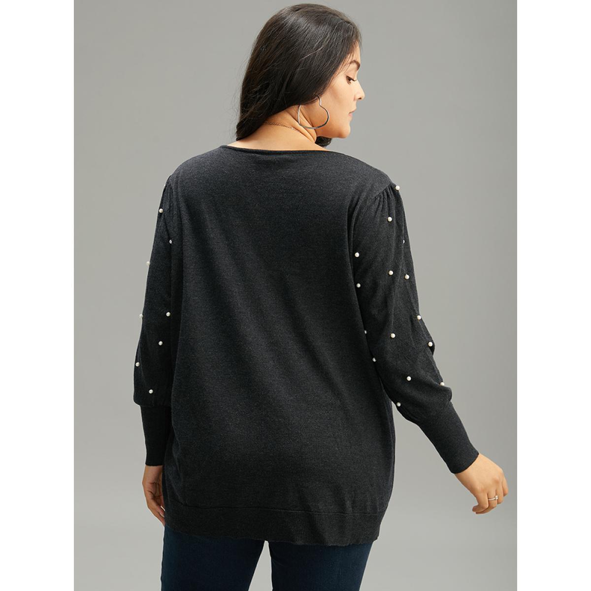 Plus Size Supersoft Essentials Solid Pearl Beaded Elastic Cuffs Pullover Black Women Casual Long Sleeve V-neck Dailywear Pullovers BloomChic 14-16/1X Product Image
