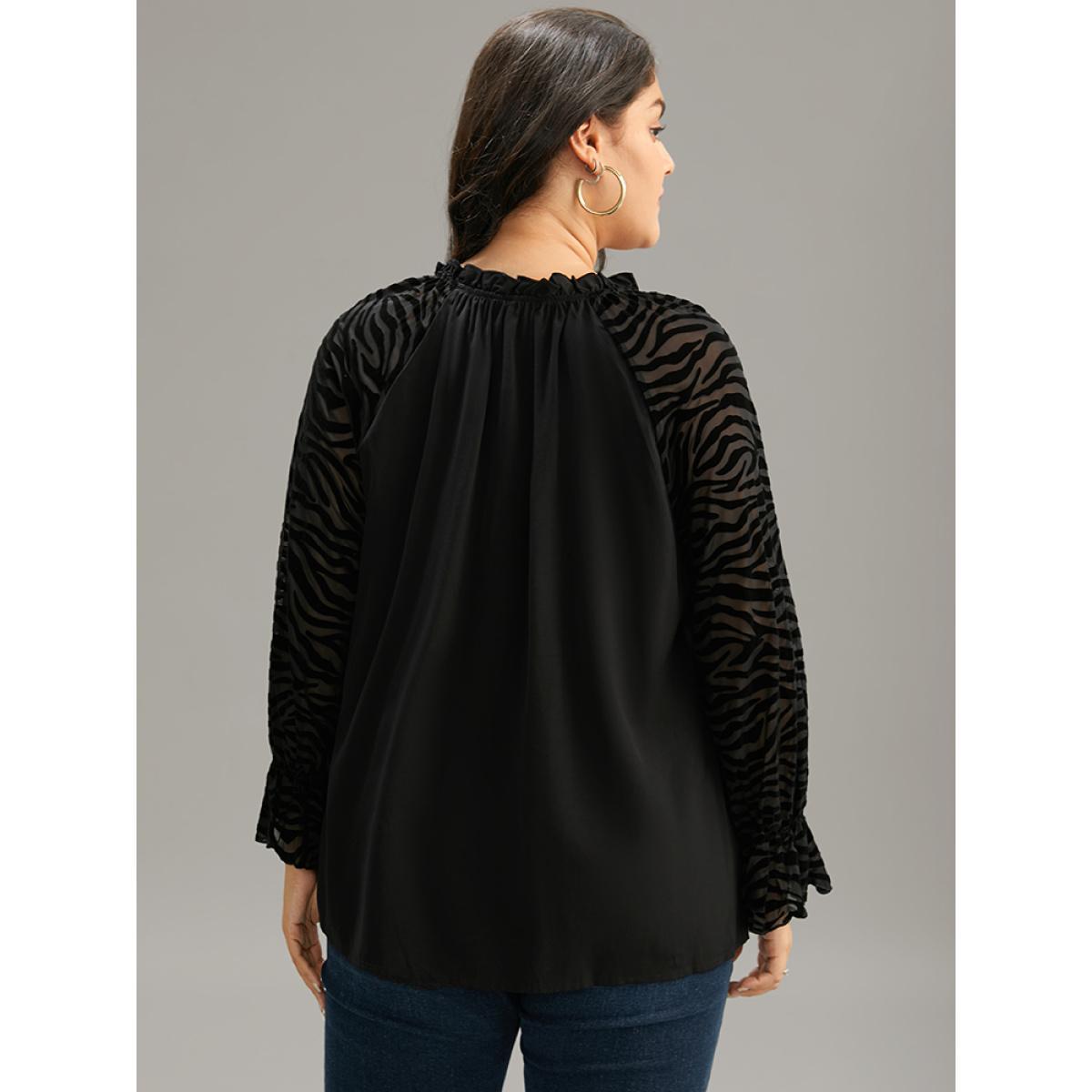 Plus Size Black Halloween Zebra Print Tie Neck Frill Trim Patchwork Blouse Women Elegant Long Sleeve Tie Neck Dailywear Blouses BloomChic 30/6X Product Image