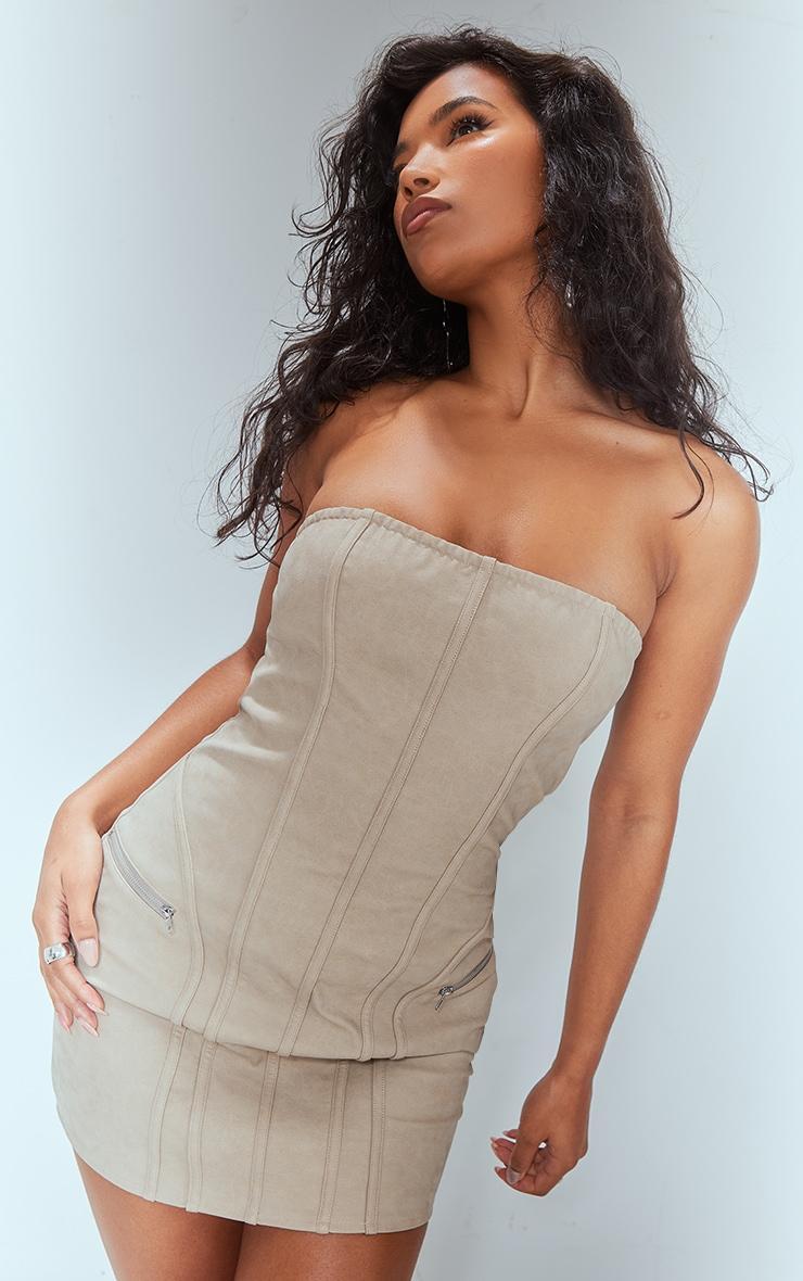 Stone Distressed PU Bandeau Zip Detail Bodycon Dress Product Image