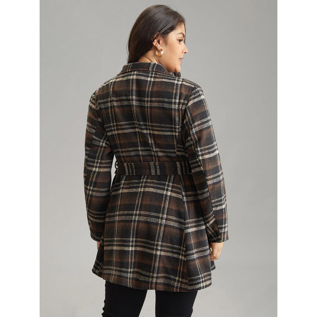 Plus Size Lapel Collar Plaid Button Through Belted Coat Women DarkBrown Elegant Lined Ladies Dailywear Winter Coats BloomChic 18-20/2X Product Image