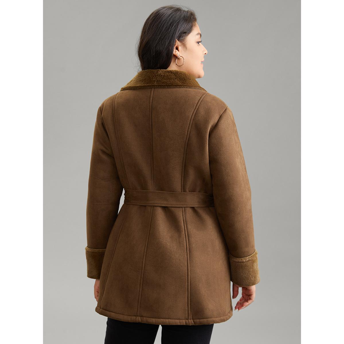 Plus Size Fuzzy Patchwork Double Breasted Belted Jacket Women Bronze Pocket Belt Everyday Jackets BloomChic 26/4X Product Image