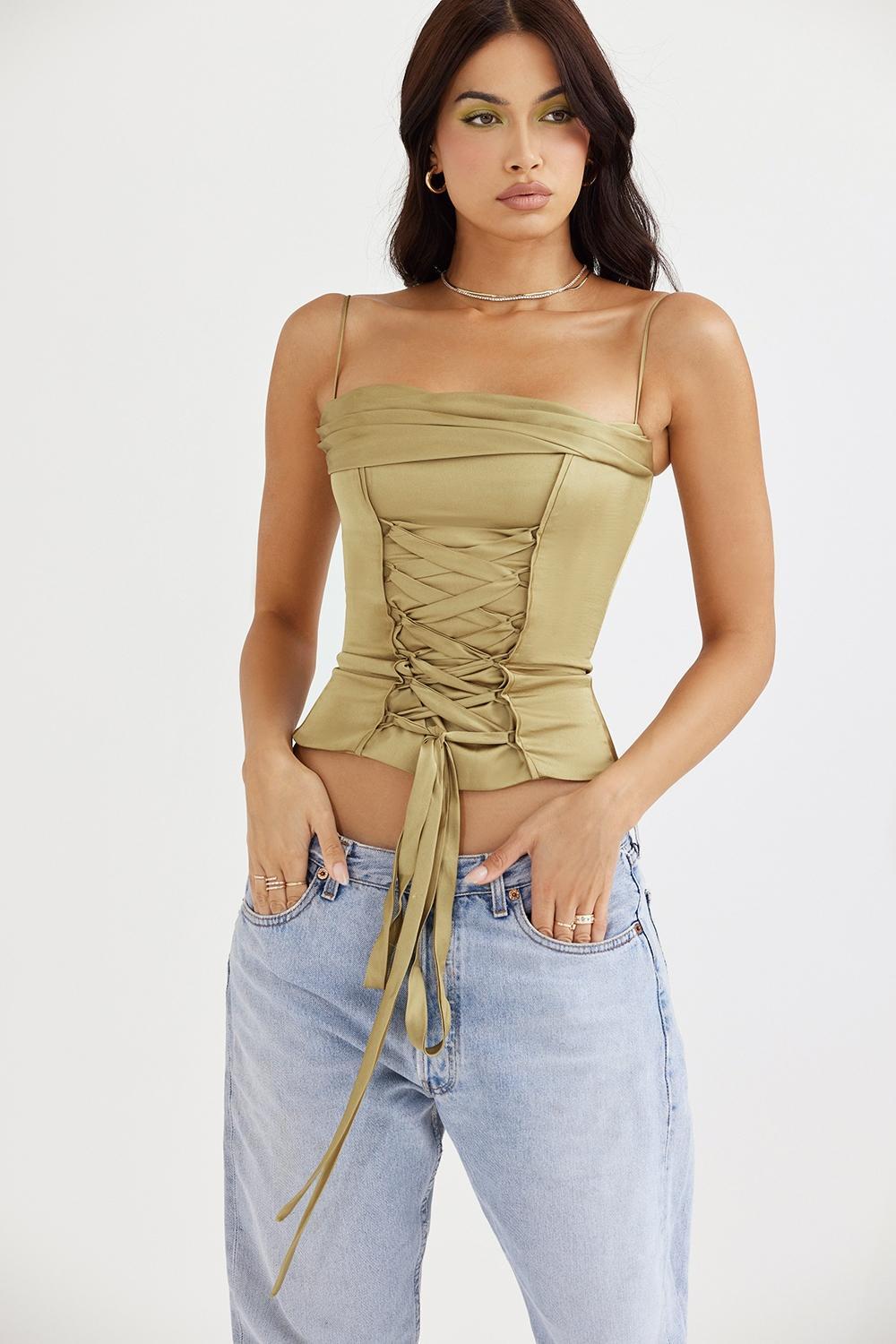 Letitia  olive satin lace up corset - sale Product Image
