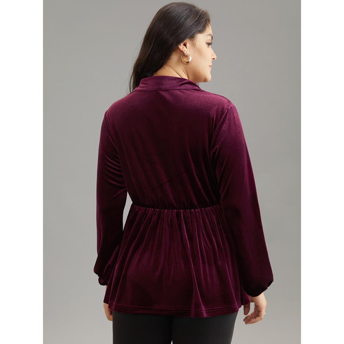 Plus Size Burgundy Shirt Collar Button Through Lantern Sleeve Corduroy Blouse Women Elegant Long Sleeve Shirt collar Dailywear Blouses BloomChic 30/6X Product Image