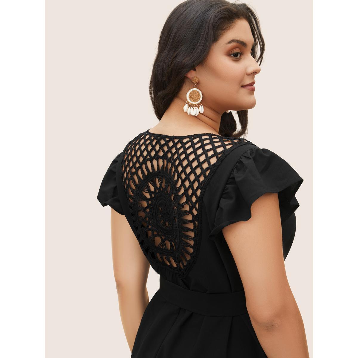 Plus Size Solid Cut Out Ruffle Cap Sleeve Dress Black Women Resort Woven ribbon&lace trim V-neck Cap Sleeve Curvy Midi Dress BloomChic 28/5X Product Image