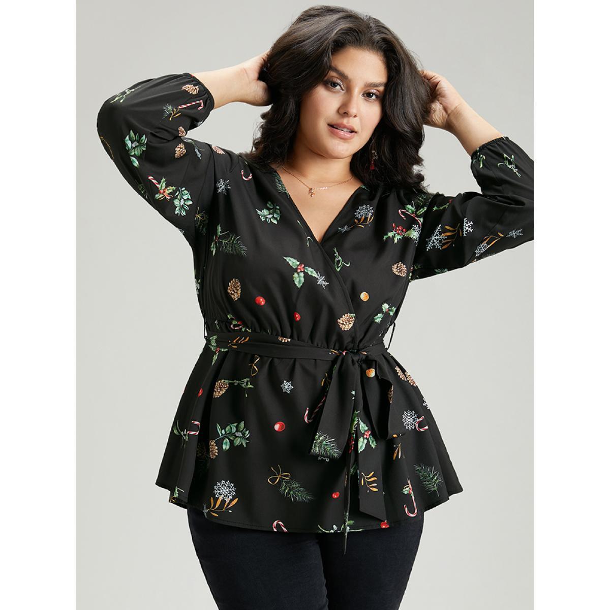 Plus Size Black Christmas Elastic Waist Belted Wrap Blouse Women Elegant Long Sleeve V-neck Festival-Christmas Blouses BloomChic 10/M Product Image