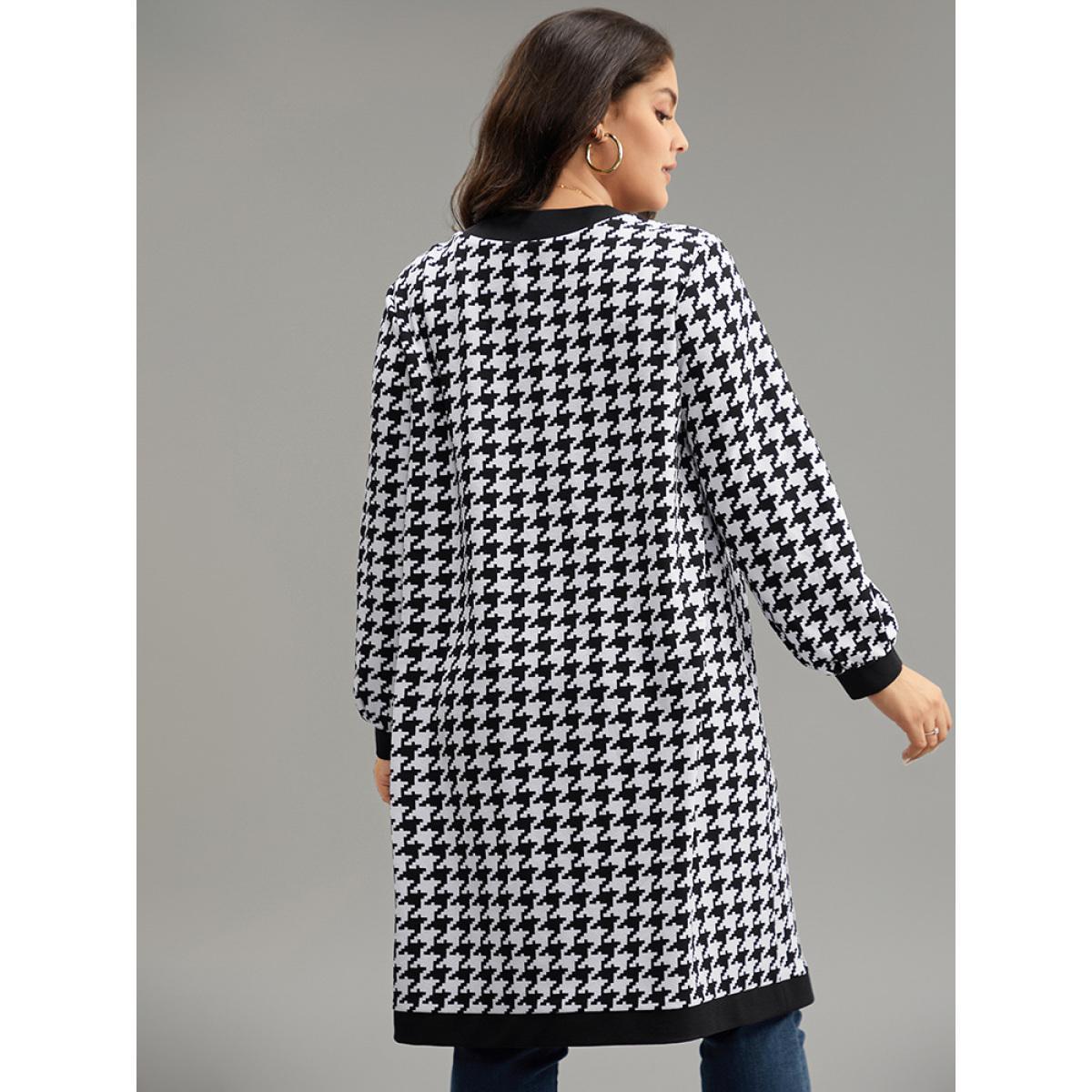 Plus Size Houndstooth Button Through Contrast Trim Jacket Women Black Contrast Dailywear Jackets BloomChic 18-20/2X Product Image