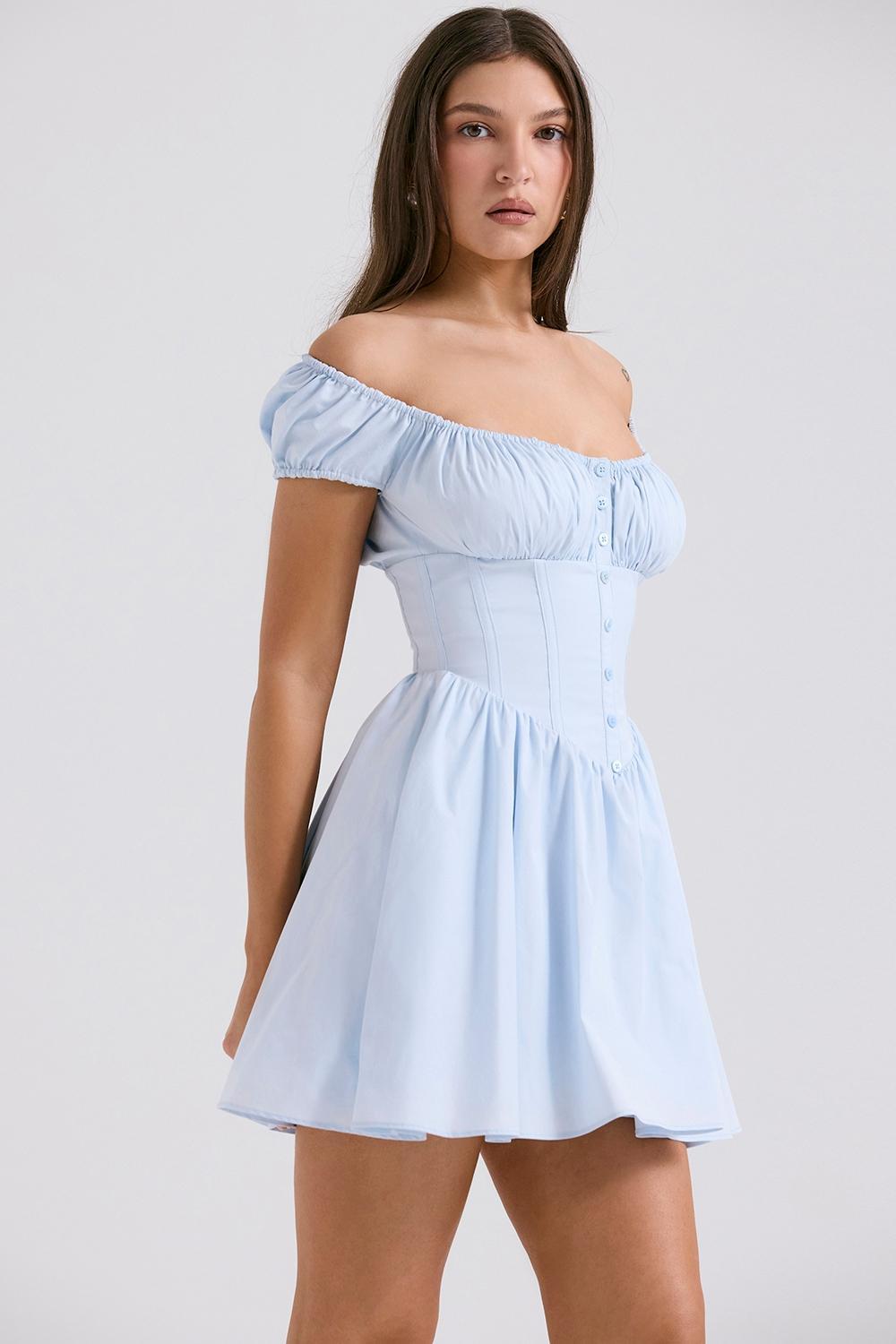 Nala Soft Blue Cotton Gathered Mini Dress Product Image