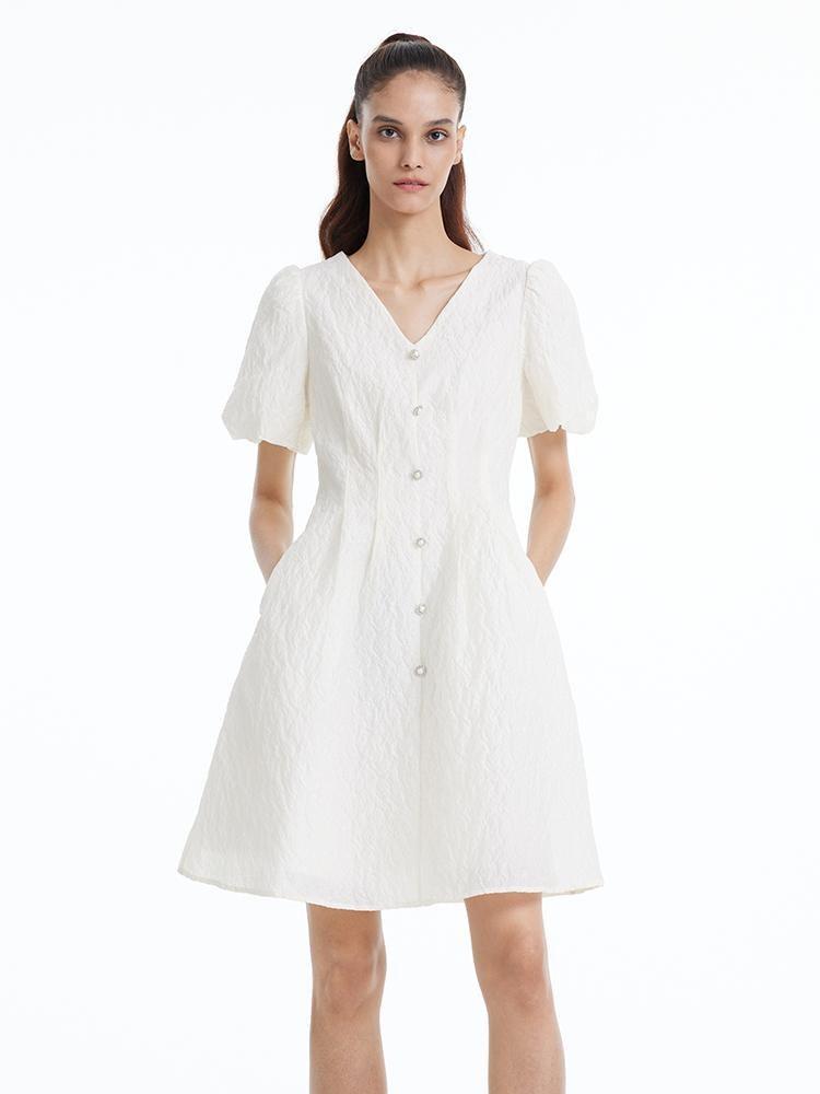 Fitted Waist And V-Neck Jacquard Midi Dress Product Image
