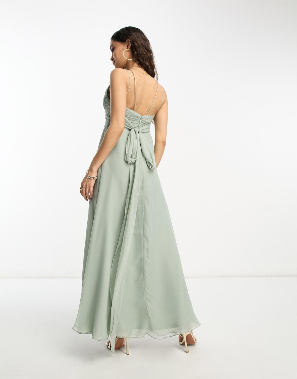 ASOS DESIGN petite bridesmaid cami maxi dress with ruched bodice and tie waist Product Image