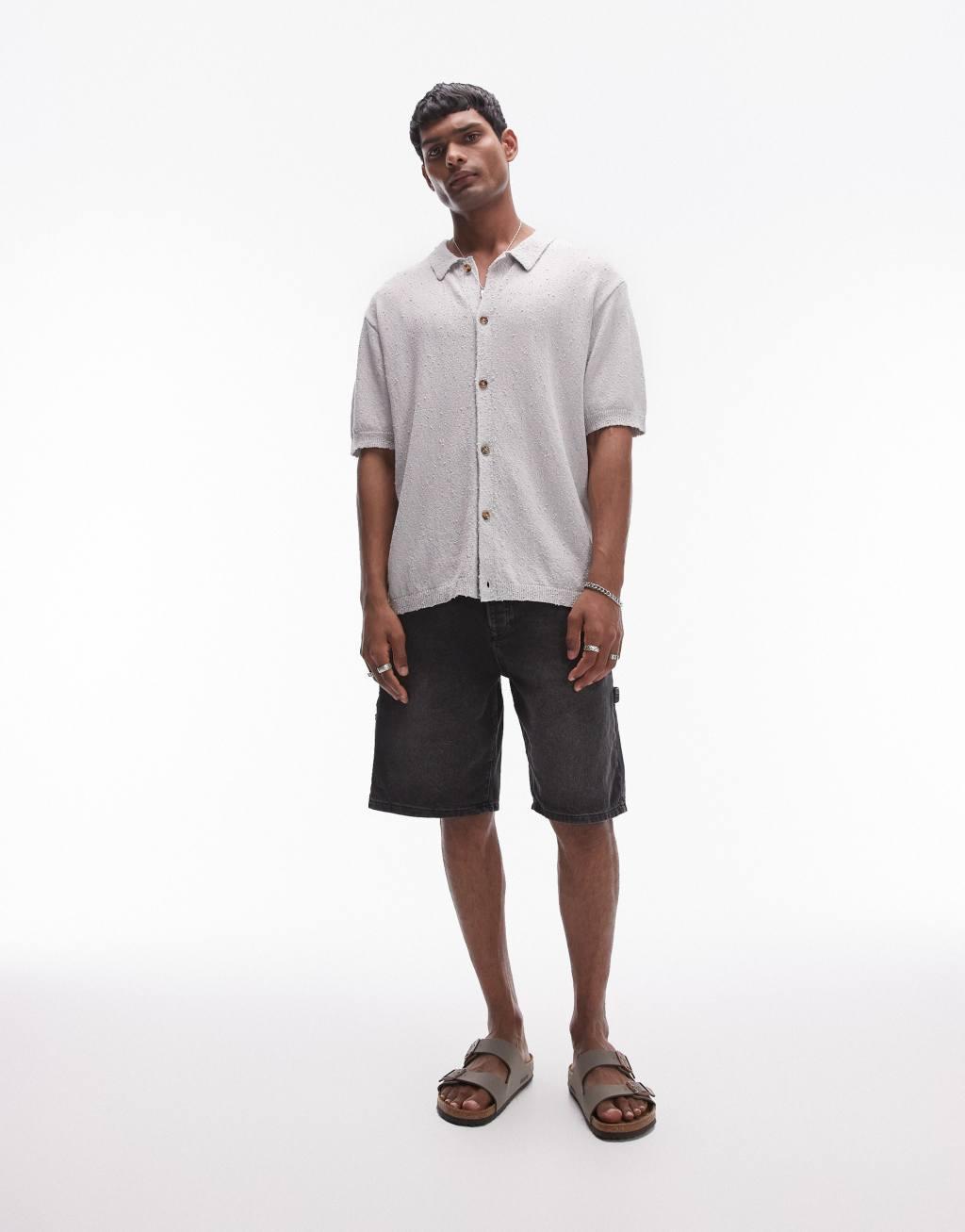 Topman relaxed fit knit textured button up shirt in gray Product Image