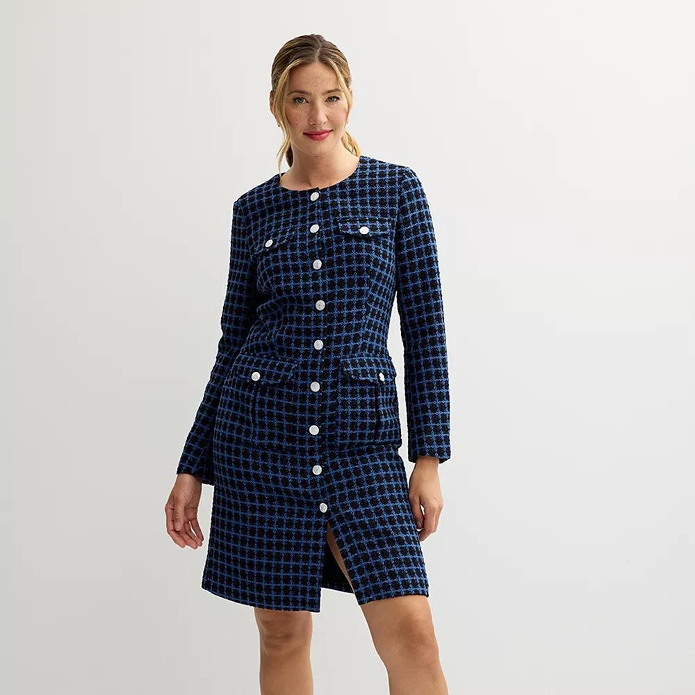 Womens Nanette Lepore Long Sleeve Button-Front Sheath Dress Blue Product Image