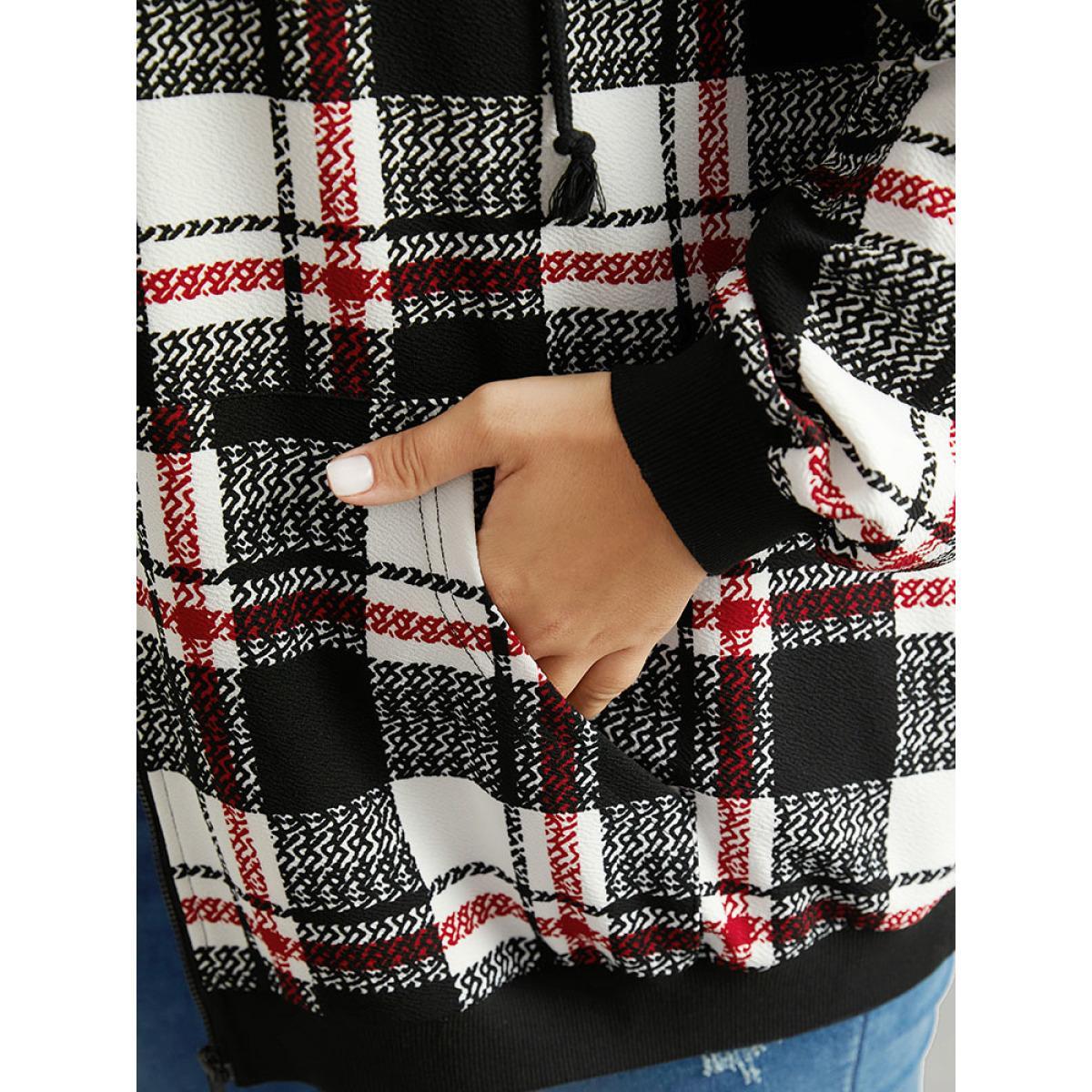 Plus Size Plaid Hooded Drawstring Zipper Sweatshirt Women Black Casual Elastic cuffs Hooded Dailywear Sweatshirts BloomChic 22-24/3X Product Image