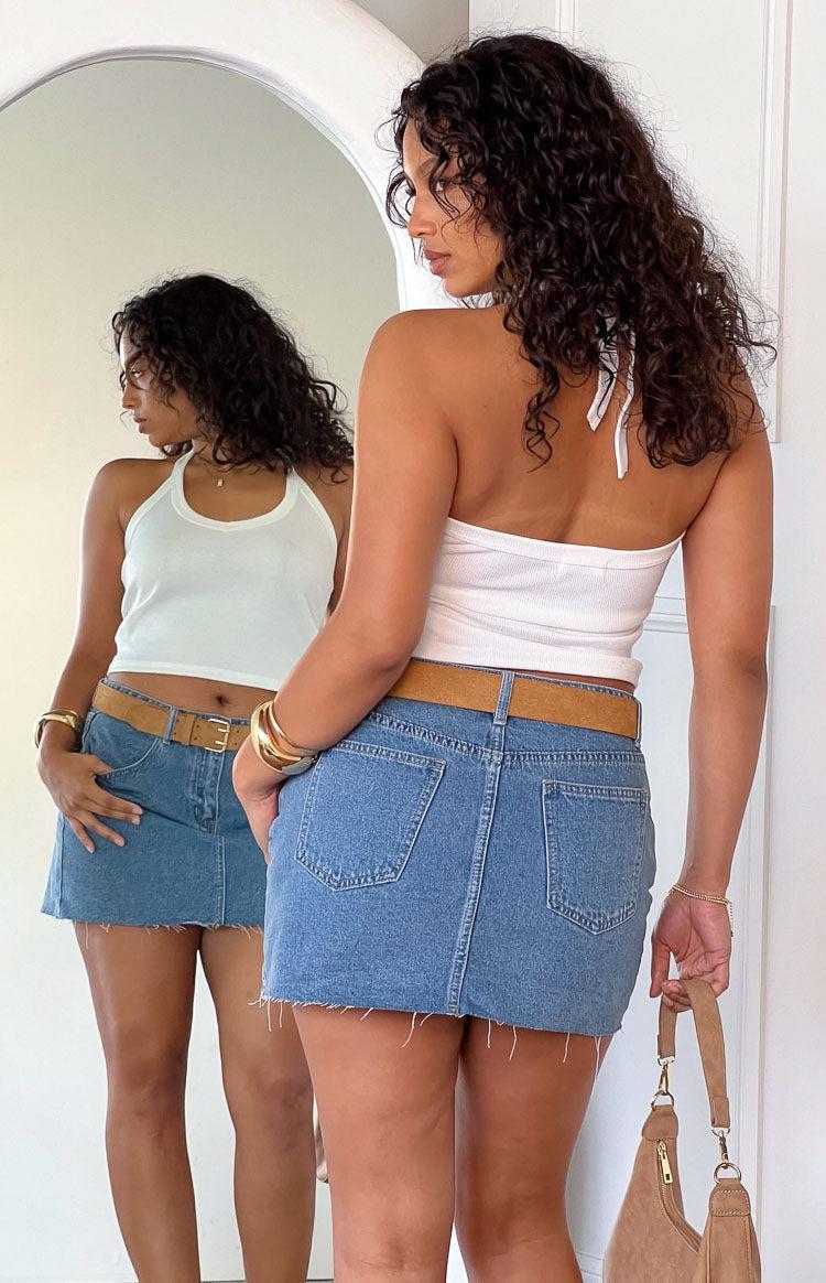 Siletto Mid Wash Denim Low Rise Mini Skirt Girls Product Image