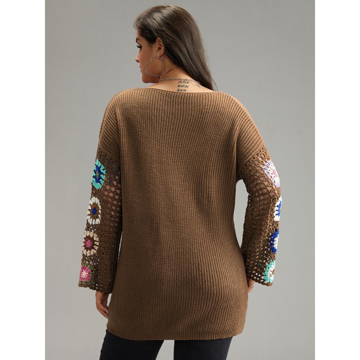 Plus Size Floral Embroidered Hollow Out Pullover DarkBrown Women Casual Long Sleeve V-neck Everyday Pullovers BloomChic 18-20/2X Product Image