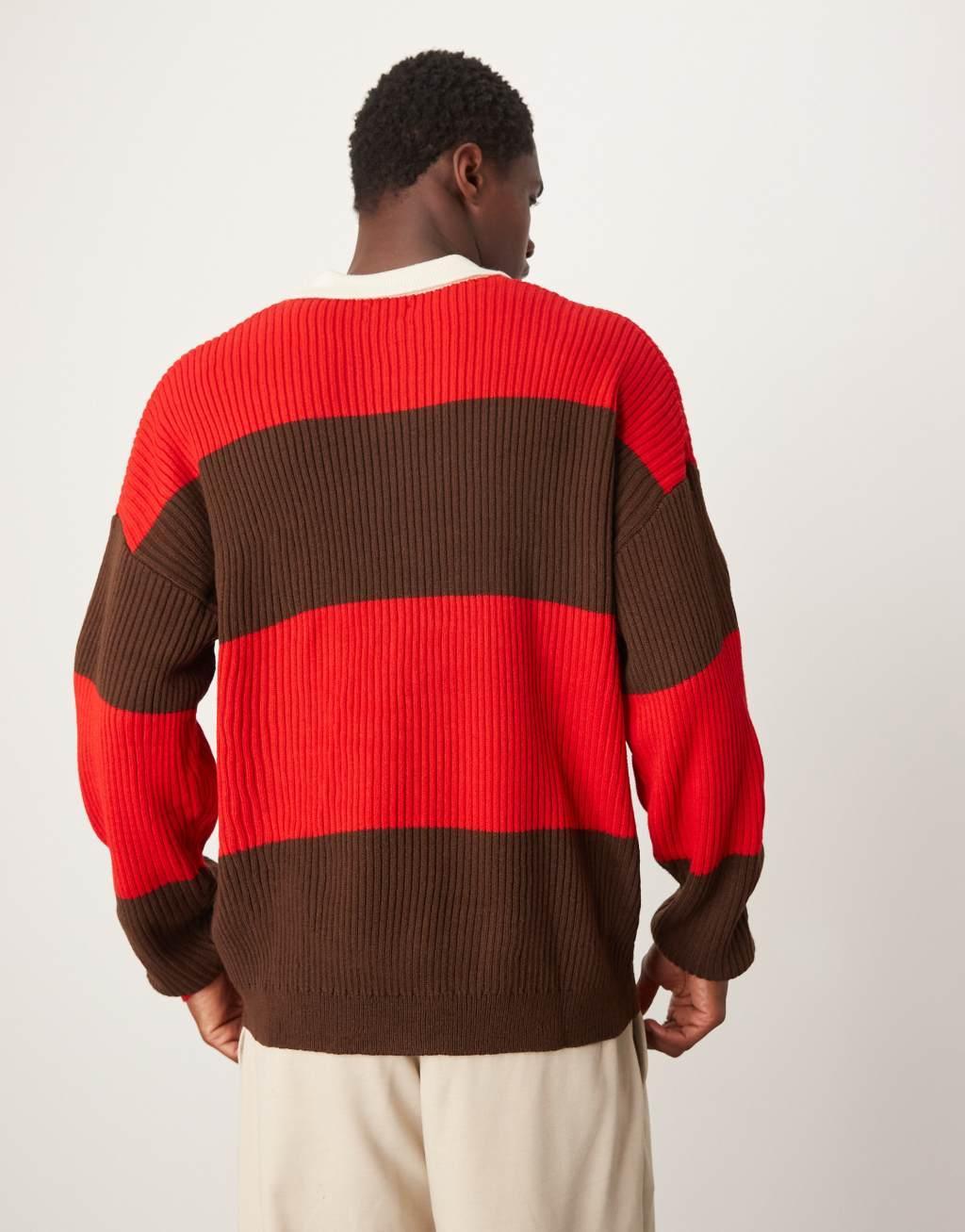 ASOS DESIGN relaxed knit rugby polo in red and brown stripe Product Image