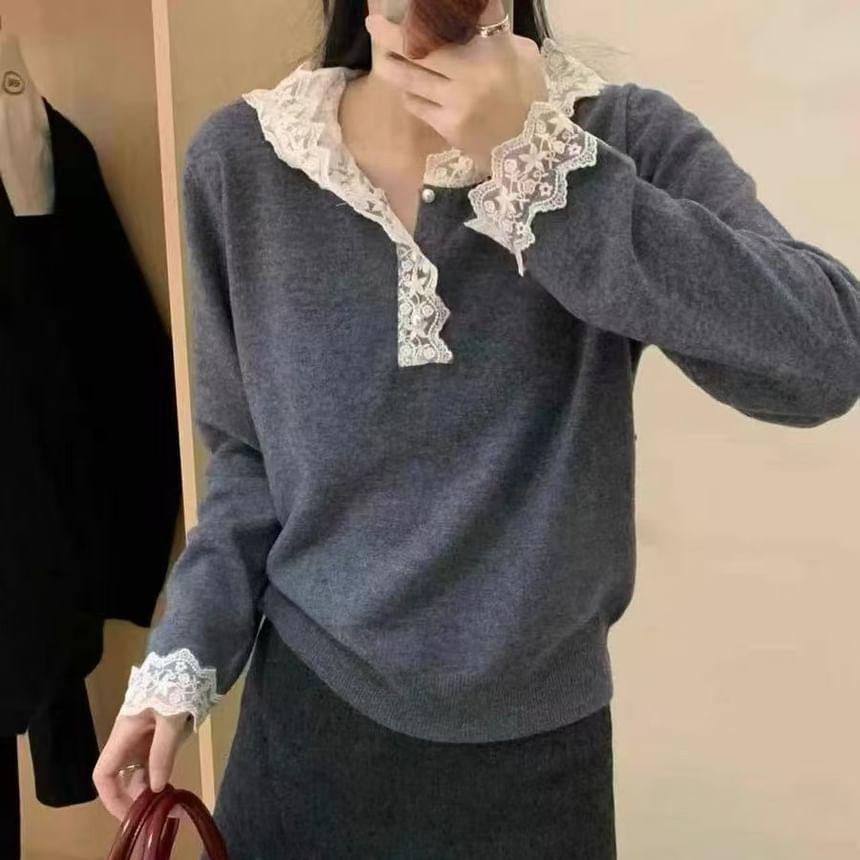 Long-Sleeve Henley Hooded Lace Trim Knit Top Product Image