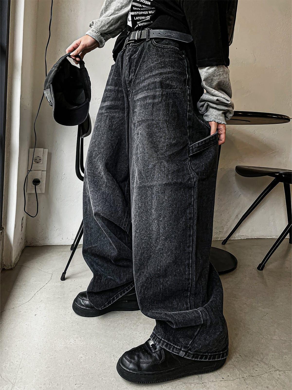 RT No. 12663 WASHED BLACK WIDE STRAIGHT DENIM JEANS Product Image