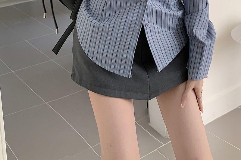 Long-Sleeve Collared Pinstriped Embroidered Shirt / Pointed Hem Mini Skirt / Plain Padded Cami Top Product Image
