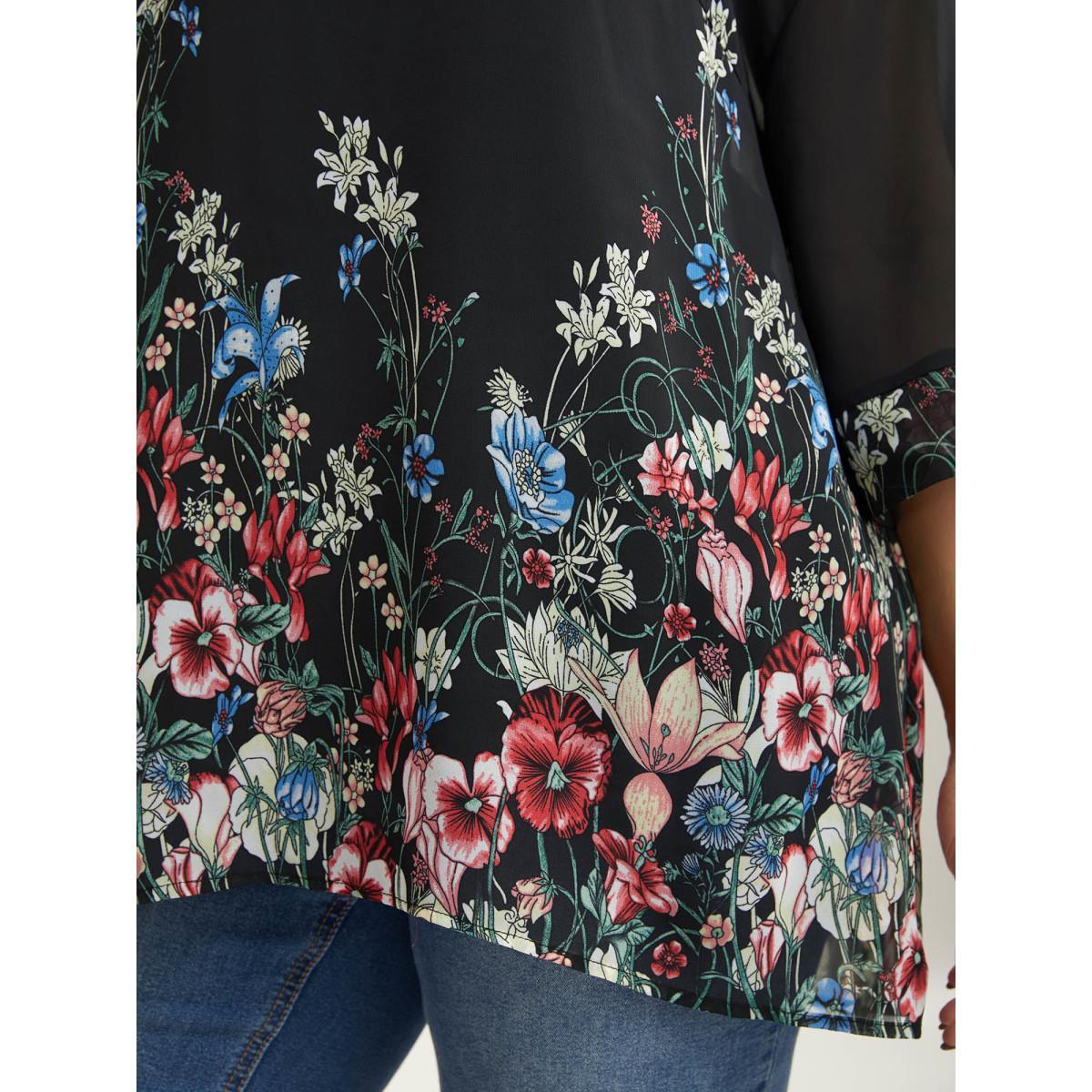 Plus Size Black Floral Print Sheer Round Neck Blouse Women Elbow-length sleeve Round Neck Everyday-Elegant Blouses BloomChic 12/L Product Image