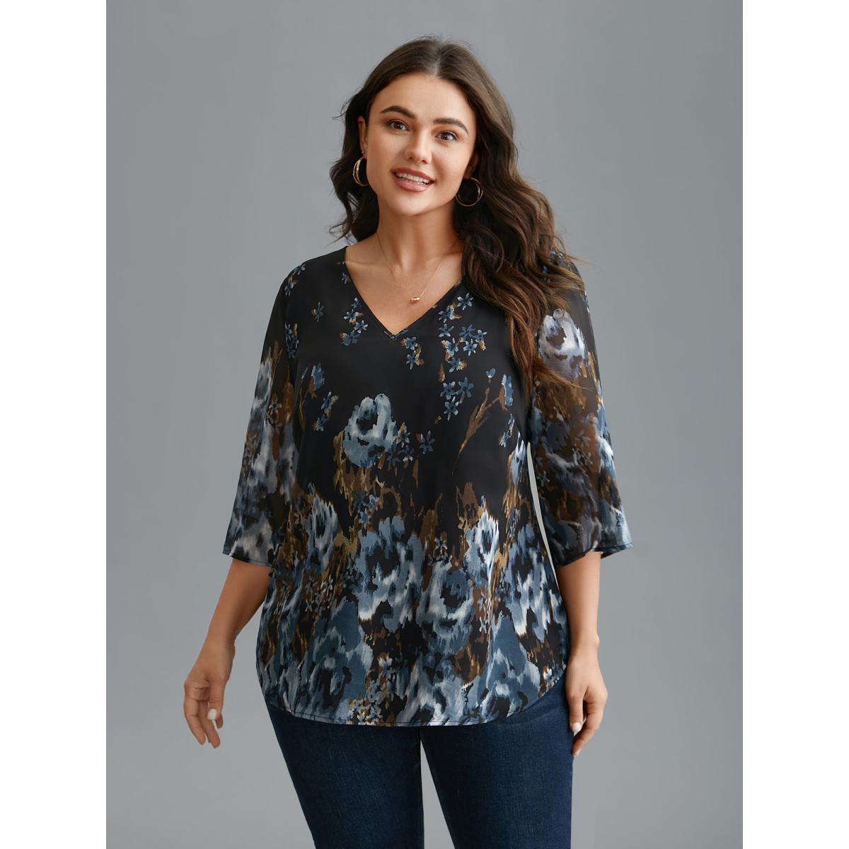Plus Size Black V Neck Floral Bell Sleeve Blouse Women Elegant Elbow-length sleeve V-neck Everyday Blouses BloomChic 18-20/2X Product Image