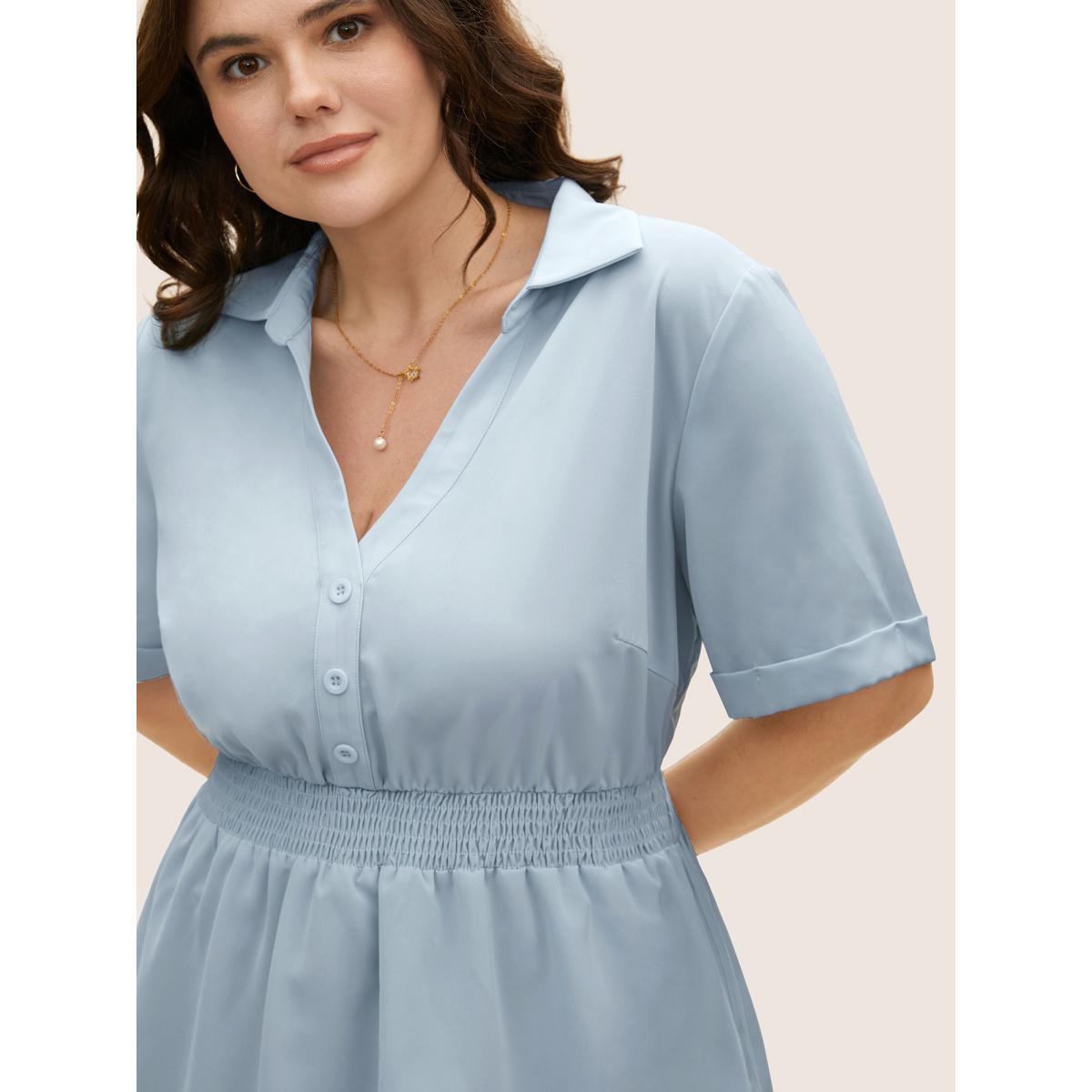 Plus Size LightBlue Lapel Collar Shirred Button Detail Blouse Women Workwear Essentials Short sleeve Shirt collar Work Blouses BloomChic 22-24/3X Product Image