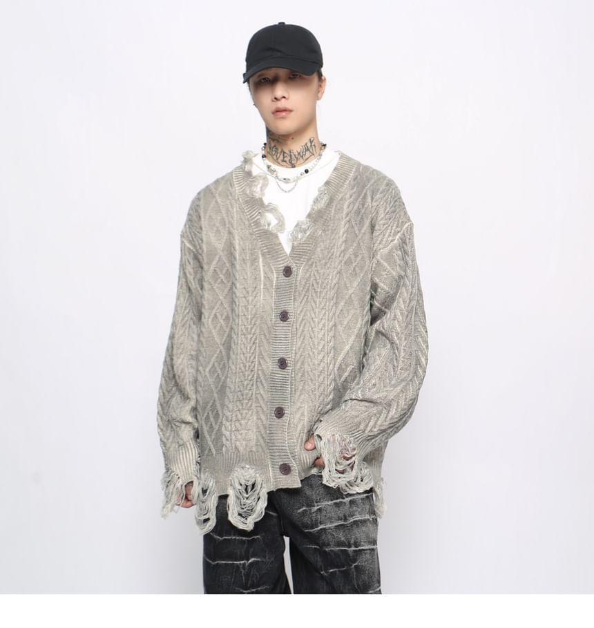 V-Neck Plain Distressed Cable-Knit Cardigan Product Image