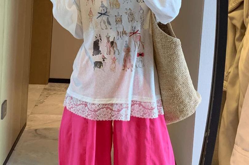 Long-Sleeve Round Neck Dog Print Lace Panel Sheer T-Shirt Product Image