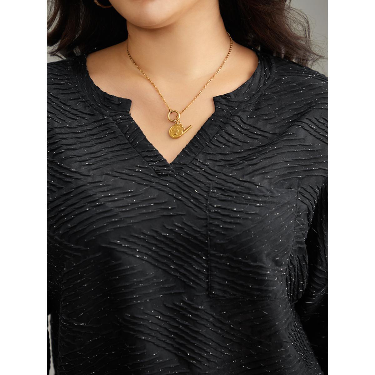 Plus Size Plisse Solid Notched Long Sleeve T-shirt Black Women Casual Texture Plain Notched collar Dailywear T-shirts BloomChic 14-16/1X Product Image