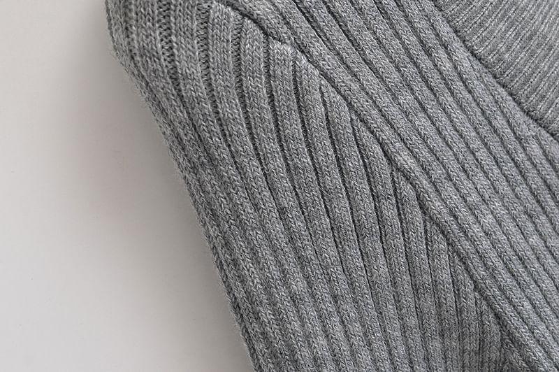 V-Neck Long Sleeve Plain Ribbed Knit Sweater Product Image