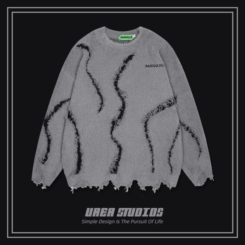 Couple Matching Crew Neck Patterned Distressed Sweater Product Image