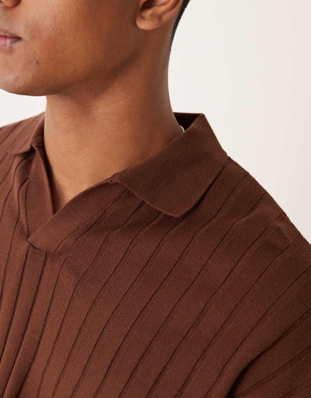 ASOS DESIGN relaxed knit boxy fit long sleeve ribbed notch neck polo in brown Product Image