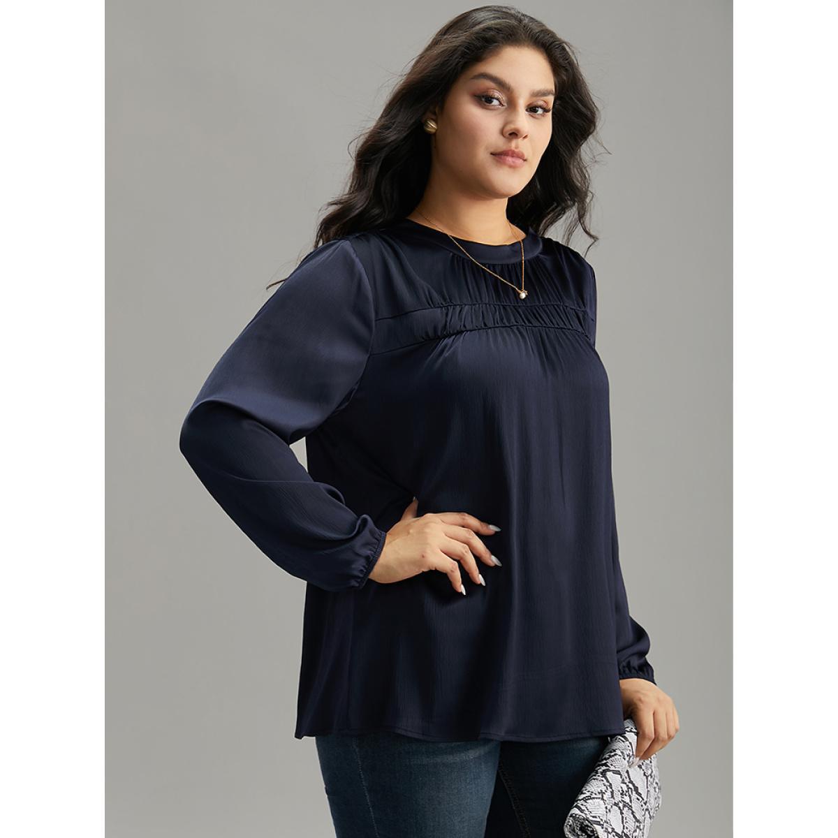 Plus Size Indigo Static-Free Plain Gathered Blouse Women Office Long Sleeve Round Neck Work Blouses BloomChic 22-24/3X Product Image