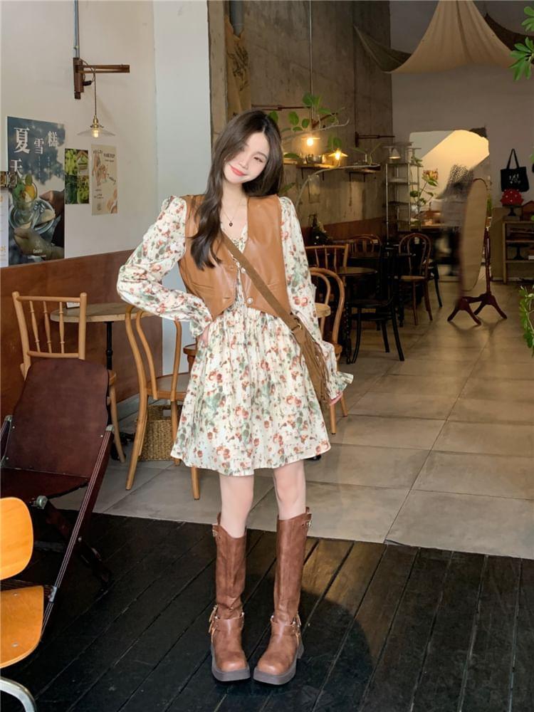 Long-Sleeve V-Neck Floral Print A-Line Dress / Faux Leather Vest Product Image