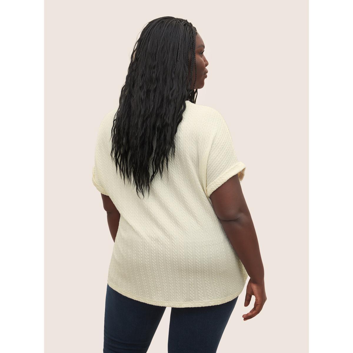 Plus Size Plisse Dolman Sleeve Button Up T-shirt Beige Women Casual Button Flat collar with V-notch Everyday T-shirts BloomChic 10/M Product Image