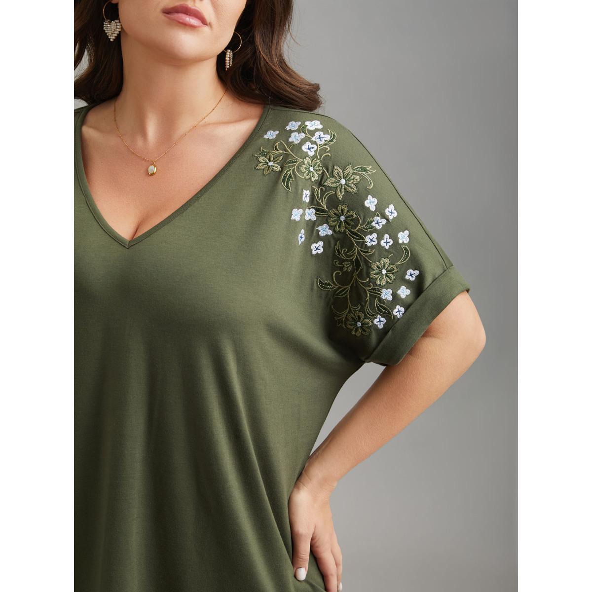Plus Size Stretchy Embroidered Drop Shoulder T-Shirt ArmyGreen Women Elegant Roll Hem V-neck Everyday T-shirts BloomChic 26/4X Product Image