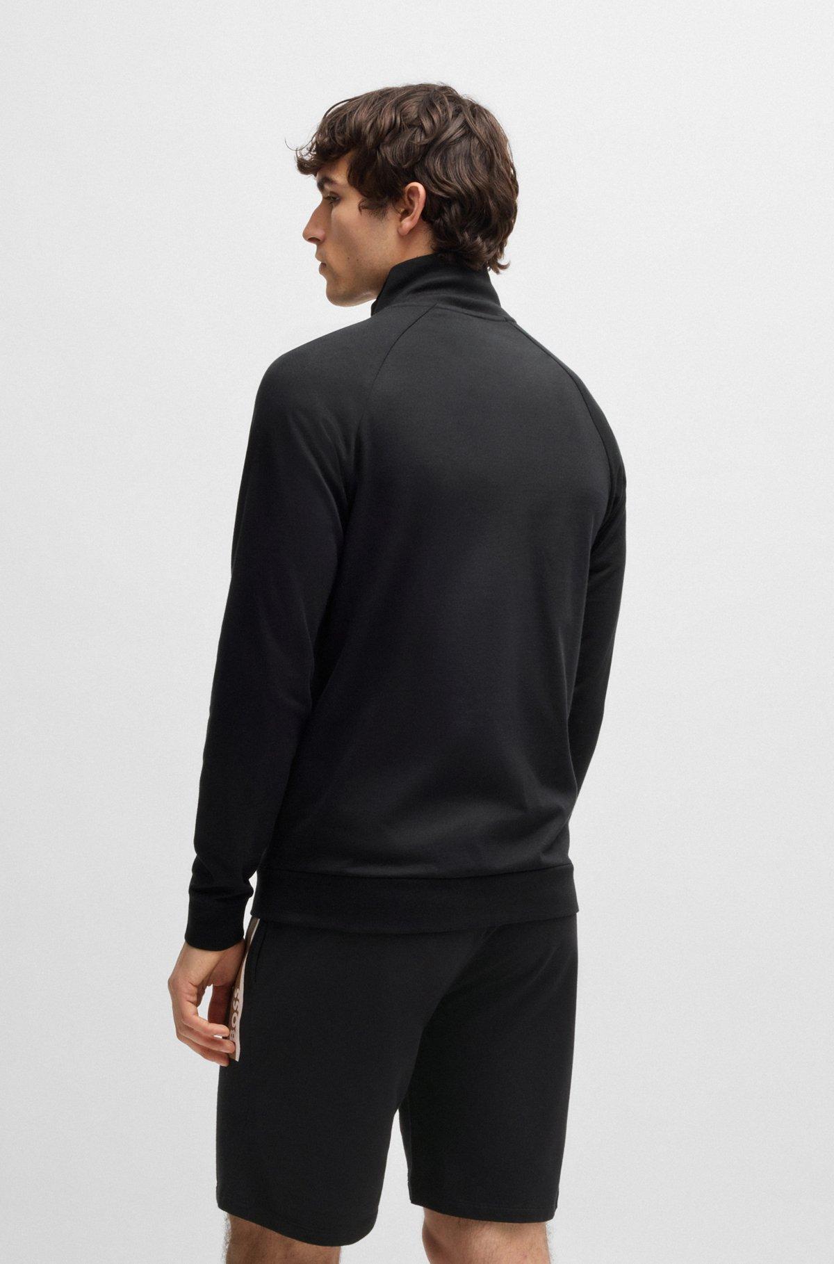 BOSS - Cotton-terry zip-up jacket with stripe print - Black Product Image