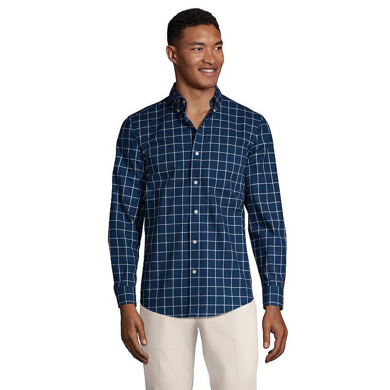 Big & Tall Lands' End Traditional-Fit No-Iron Twill Button-Down Shirt, Men's, Size: Large Tall, White Blue Plaid Product Image