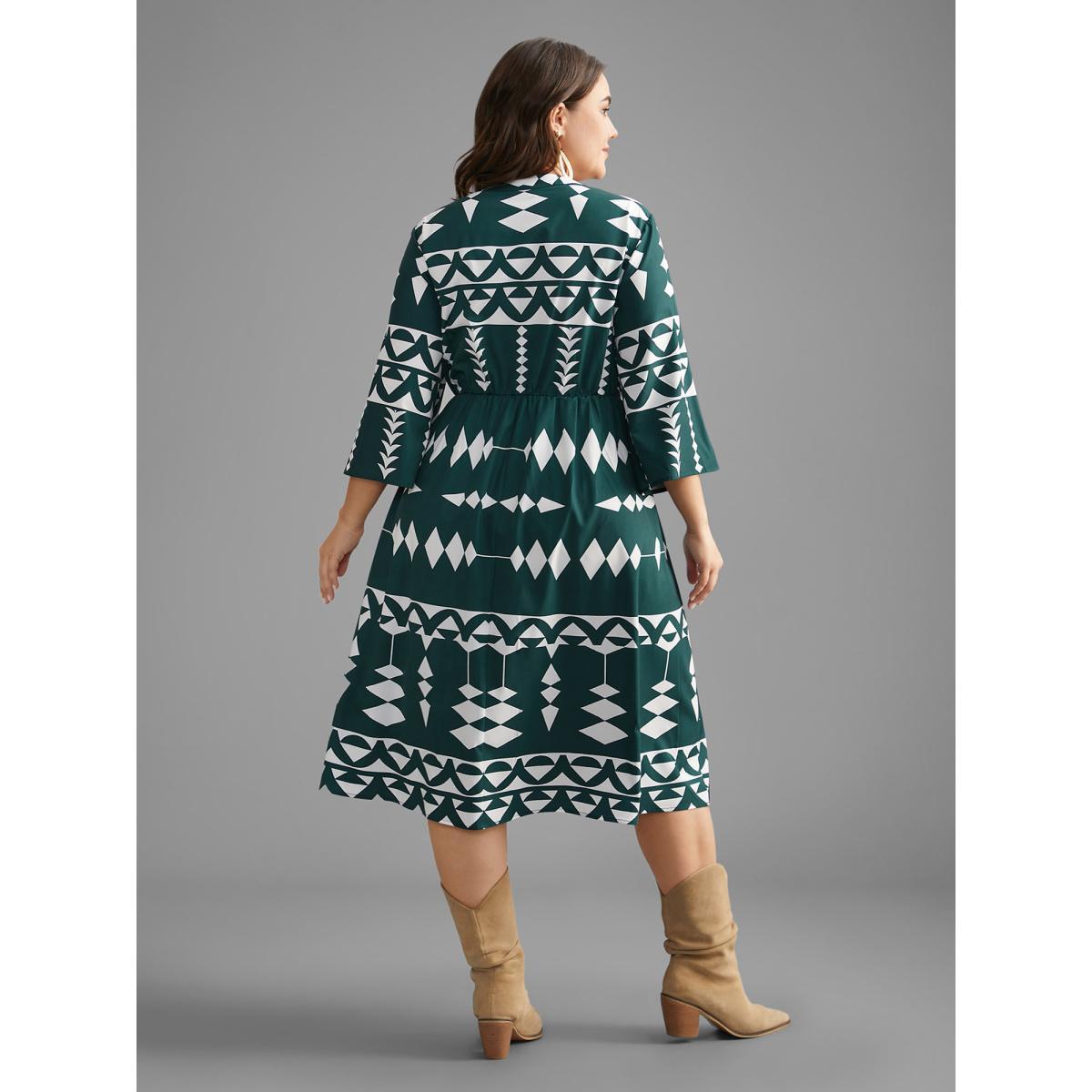 Plus Size Geometric Pattern Elastic Waist Midi Dress Cyan Women Resort Non Flat collar with V-notch Elbow-length sleeve Curvy BloomChic 18-20/2X Product Image