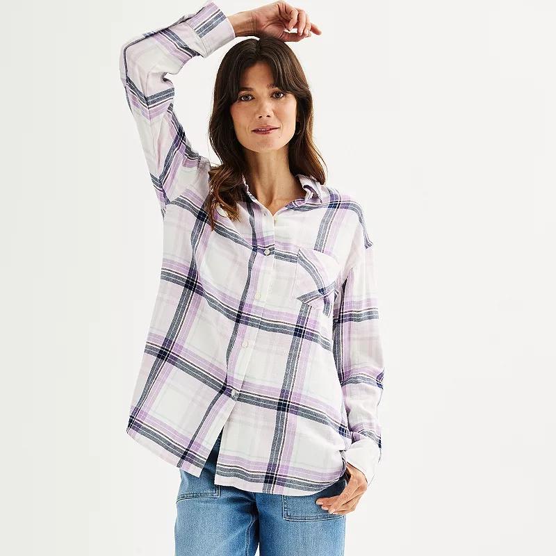 Petite Sonoma Goods For Life® Oversized Boyfriend Flannel, Women's, Size: Large Petite, Moss Green Plaid Product Image