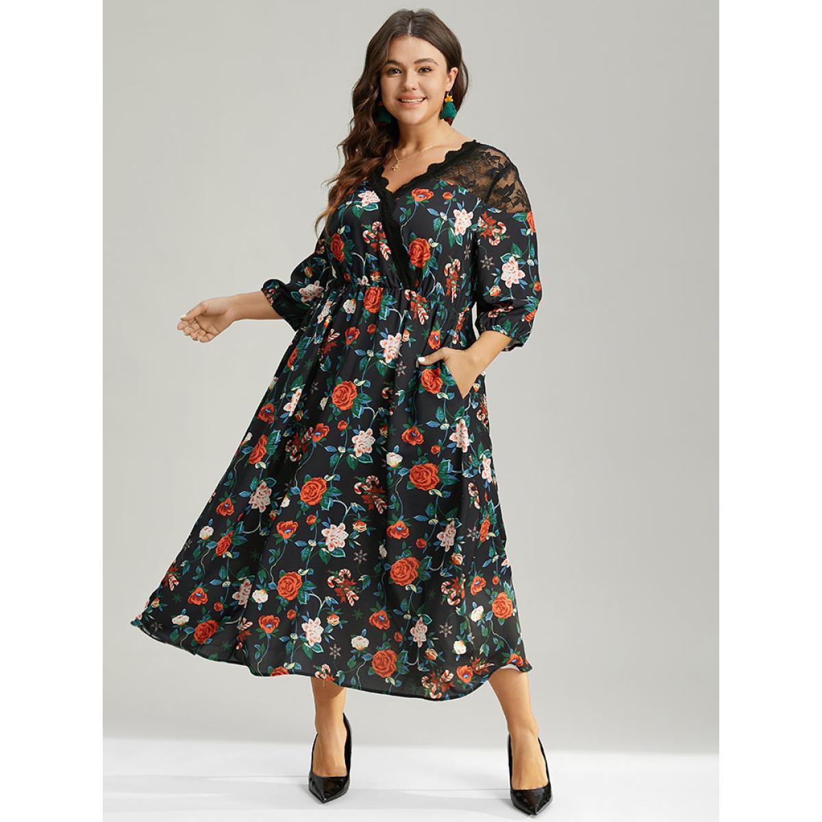 Plus Size Floral Crochet Lace Mesh Overlap Collar Dress Black Women Office Elastic cuffs Overlap Collar Elbow-length sleeve Curvy Midi Dress BloomChic 30/6X Product Image