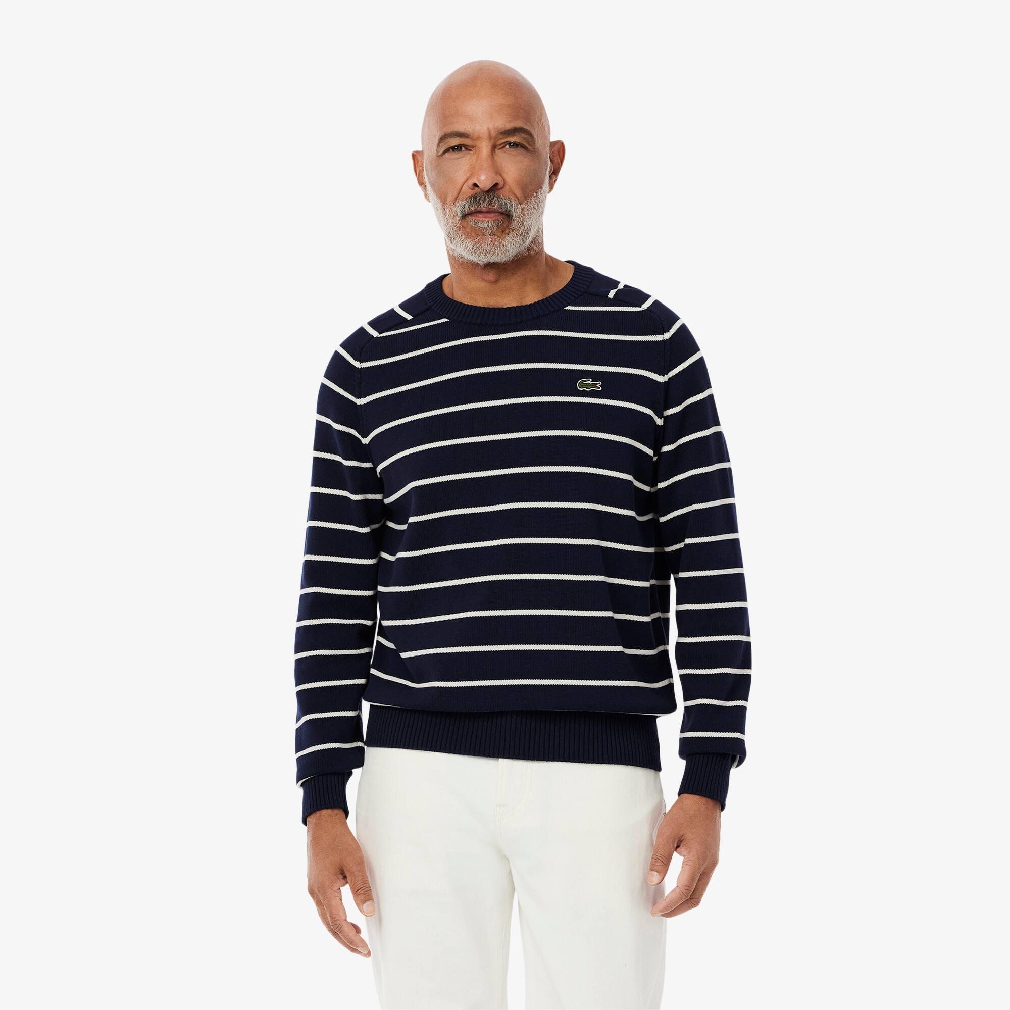 Striped 3D Knit Cotton Crew Neck Sweater Product Image