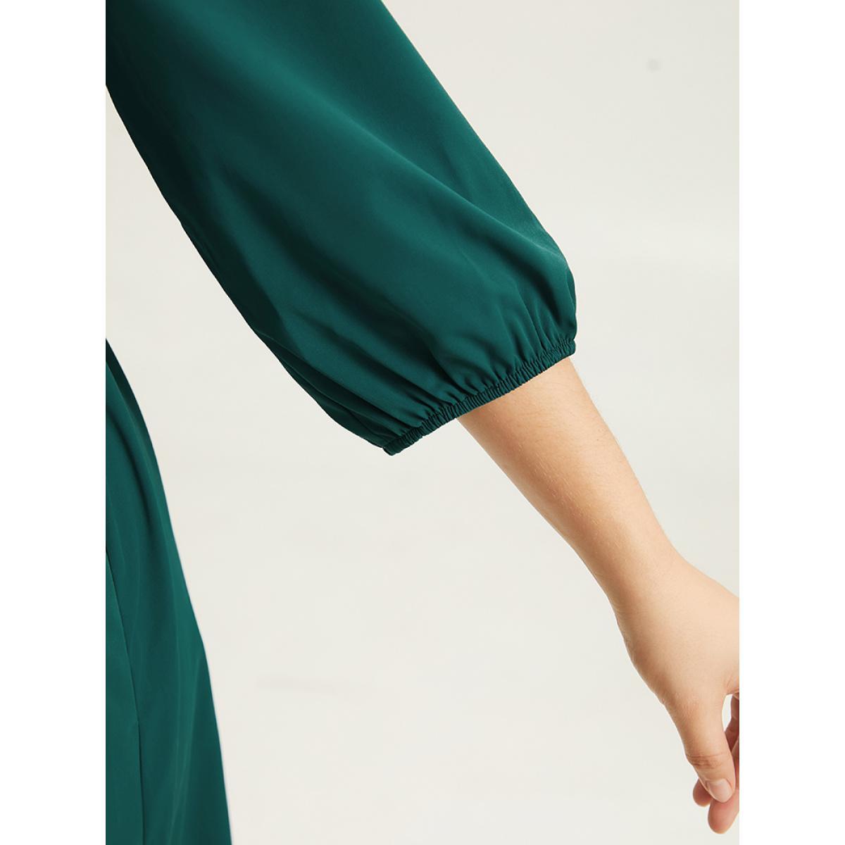 Plus Size Twill Flutter Shirred Asymmetrical Layered Hem Dress Teal Women At the Office Elastic cuffs Round Neck Elbow-length sleeve Curvy Midi Dress BloomChic 14-16/1X Product Image