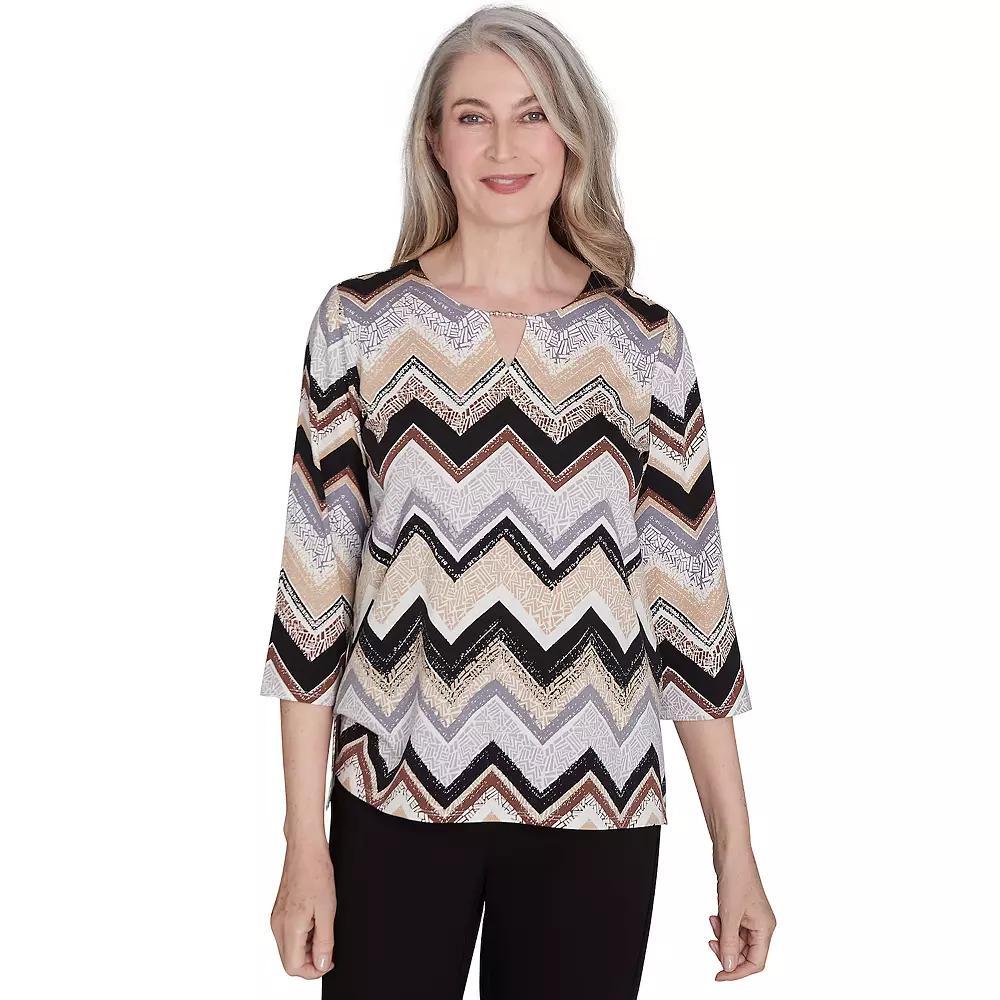 Petite Alfred Dunner Zig Zag Split Neck Top, Women's, Size: Large Petite, Black Product Image