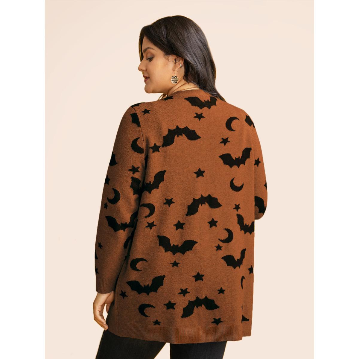 Plus Size Bat Printed Jacquard Cardigan Yellowishbrown Women Casual Loose Long Sleeve Everyday Cardigans BloomChic 12/L Product Image