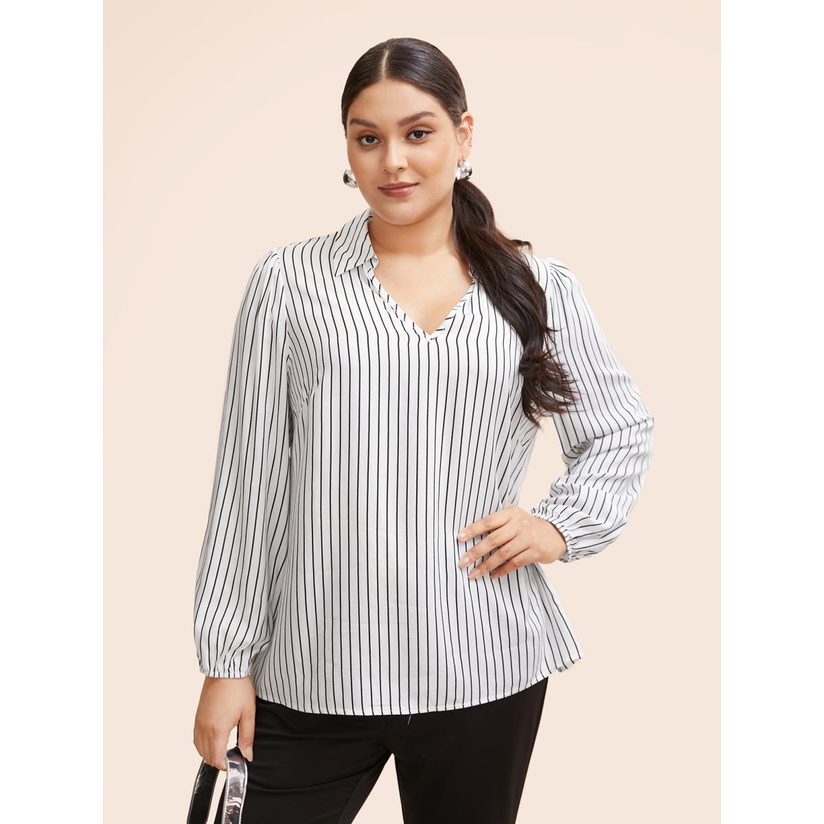 Plus Size WhiteSmoke Striped Lapel Collar Lantern Sleeve Blouse Women Workwear Essentials Long Sleeve V-neck Work Blouses BloomChic 30/6X Product Image