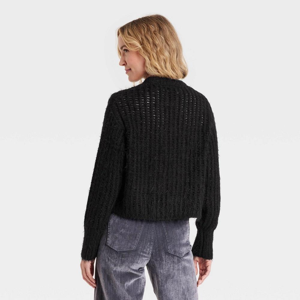 Womens Crew Neck Openwork Pullover Sweater - Universal Thread Black M: Heavyweight Recycled Polyester, Ribbed Cuff, Machine Washable Product Image