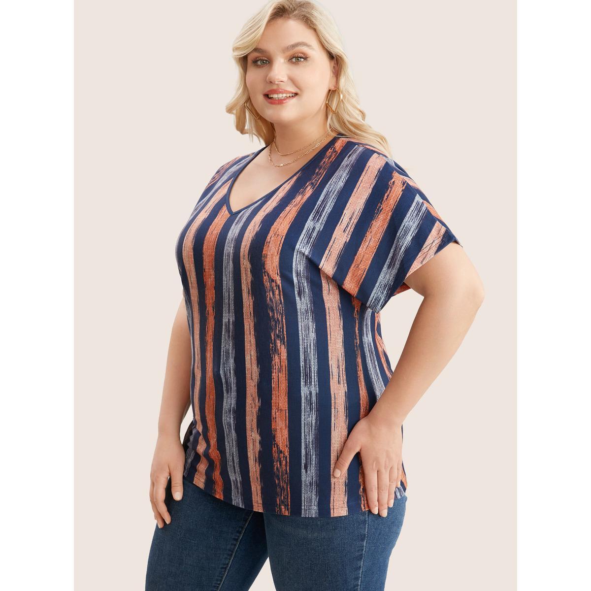 Plus Size Striped Contrast Dolman Sleeve V Neck T-shirt OrangeRed Women Casual Striped V-neck Everyday T-shirts BloomChic 26/4X Product Image