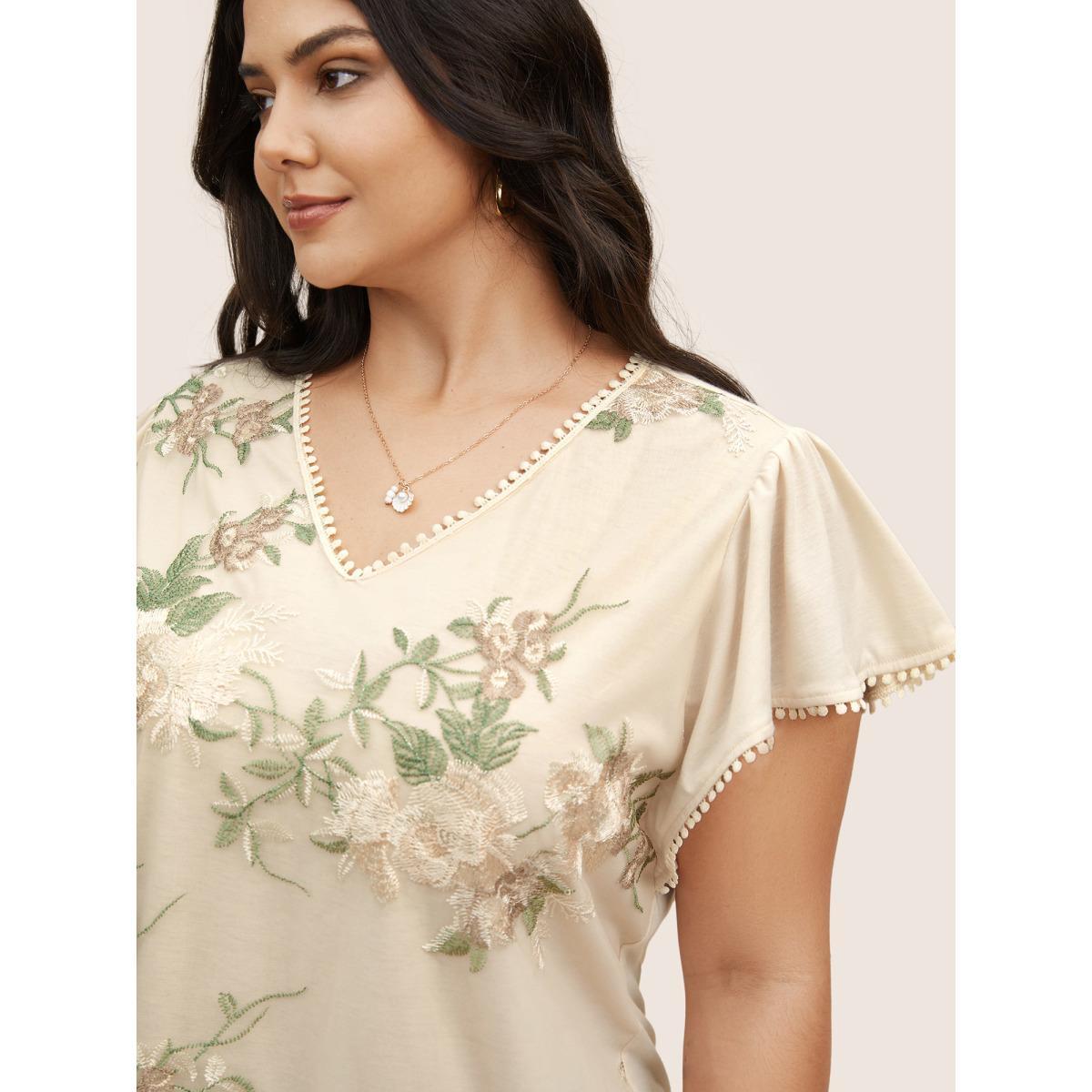 Plus Size Floral Mesh Embroidered Pompom Trim T-shirt Beige Women Elegant Contrast Natural Flowers V-neck Everyday T-shirts BloomChic 22-24/3X Product Image