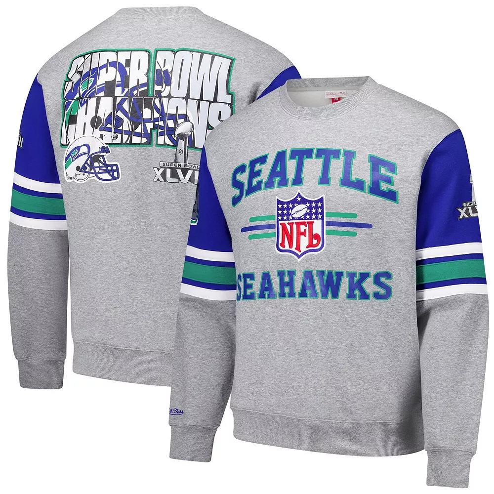 Men's Mitchell & Ness Heather Gray Seattle Seahawks All Over 4.0 Vintage Logo Pullover Sweatshirt, Size: 4XL, Grey Product Image